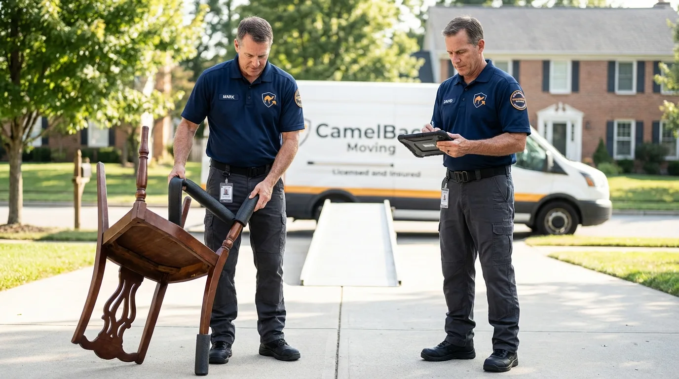 Movers inspecting furniture for damage prevention before loading in Johnsonville, SC