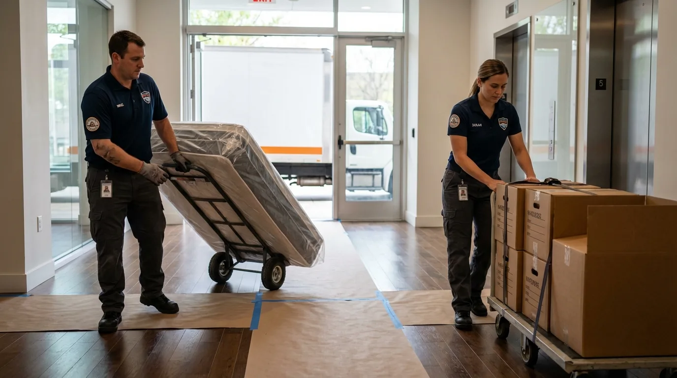 Professional apartment movers loading elevator in Johnsonville, SC
